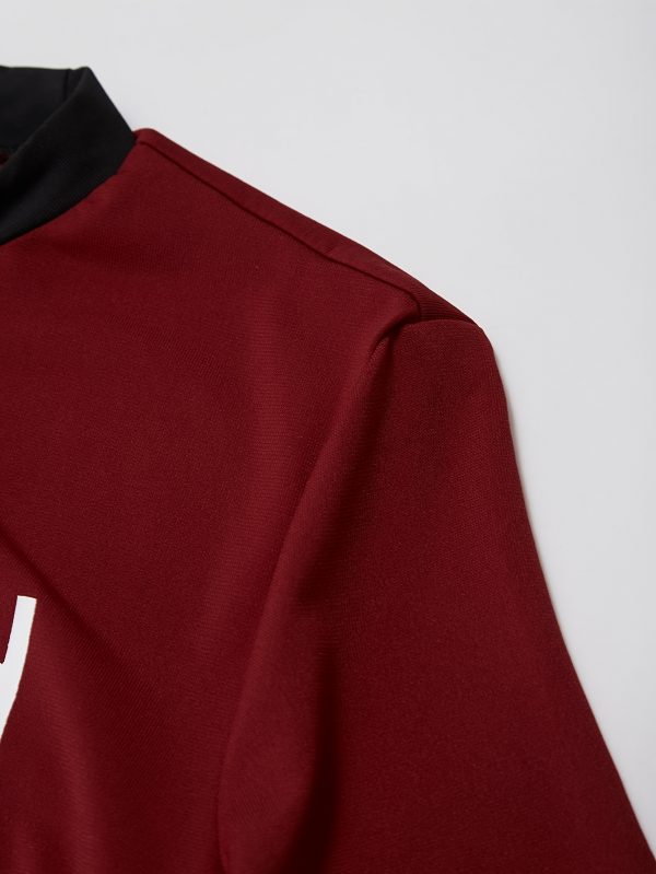 فستان تي شيرت ضيق للسيدات باللون العنابي مع لون رئيسي عنابي + زخرفة متباينة باللونين الأسود والأبيض، متطابق مع حروف "APPROACH" وطبعات جبلية، مليء بنمط الشارع