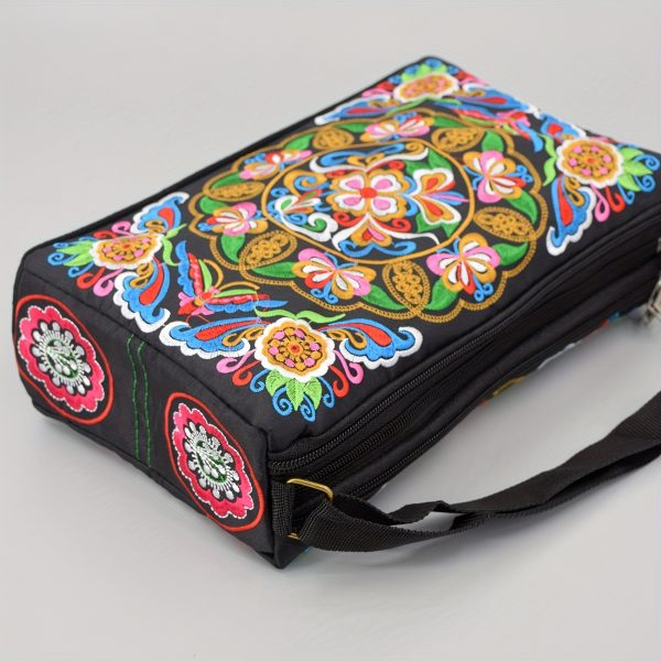 [Casual Accessory] Colorful Floral Embroidered Canvas Crossbody Bag for Women - Lightweight, Adjustable Strap, Triple Compartment with Zip Closure, Holds Umbrella & Water Bottle - Vibrant Purple/Red/Green/Blue/Black, Secure Travel Purse|Colorful Handbag|C