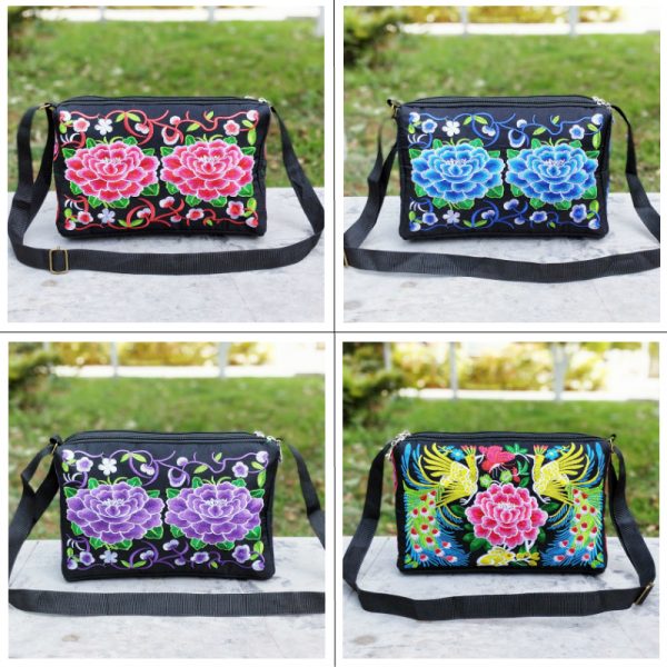 [Casual Accessory] Colorful Floral Embroidered Canvas Crossbody Bag for Women - Lightweight, Adjustable Strap, Triple Compartment with Zip Closure, Holds Umbrella & Water Bottle - Vibrant Purple/Red/Green/Blue/Black, Secure Travel Purse|Colorful Handbag|C