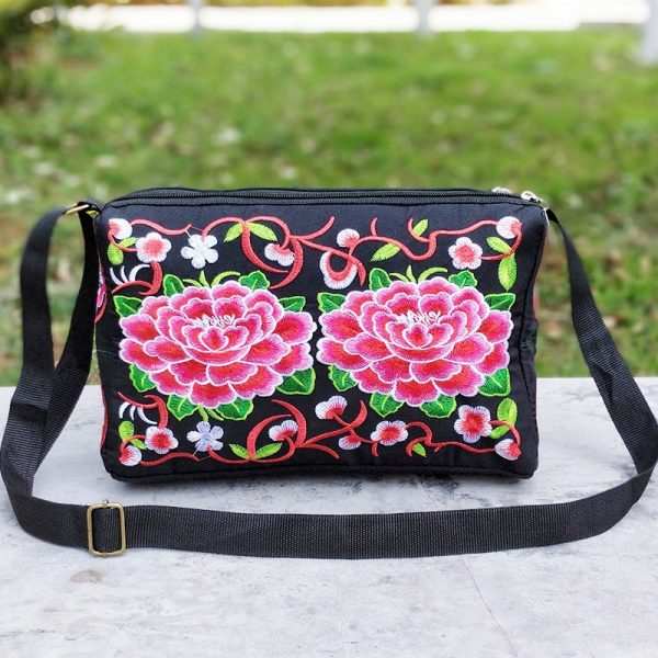 [Casual Accessory] Colorful Floral Embroidered Canvas Crossbody Bag for Women - Lightweight, Adjustable Strap, Triple Compartment with Zip Closure, Holds Umbrella & Water Bottle - Vibrant Purple/Red/Green/Blue/Black, Secure Travel Purse|Colorful Handbag|C