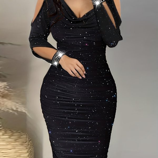Sparkling Rhinestone Embellished Deep Red Bodycon Dress with Puff Sleeves - Stretchy Ruched Waist & Hip-Hugging Silhouette for Women, Spring/Autumn Party & Evening Wear, Glamorous Event Attire, Offshoulder Neckline, Strappy Detail