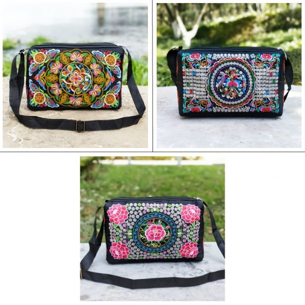 [Casual Accessory] Colorful Floral Embroidered Canvas Crossbody Bag for Women - Lightweight, Adjustable Strap, Triple Compartment with Zip Closure, Holds Umbrella & Water Bottle - Vibrant Purple/Red/Green/Blue/Black, Secure Travel Purse|Colorful Handbag|C