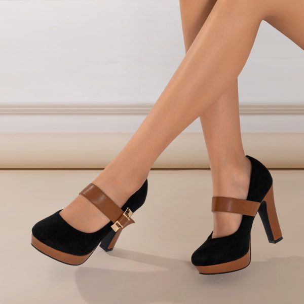 Women's Retro Style Round Toe High Heeled Pumps, Buckle Platform Block Heel Shoes, Women's Footwear