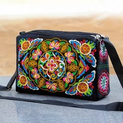 [Casual Accessory] Colorful Floral Embroidered Canvas Crossbody Bag for Women - Lightweight, Adjustable Strap, Triple Compartment with Zip Closure, Holds Umbrella & Water Bottle - Vibrant Purple/Red/Green/Blue/Black, Secure Travel Purse|Colorful Handbag|C