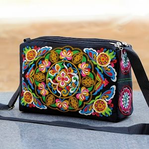 [Casual Accessory] Colorful Floral Embroidered Canvas Crossbody Bag for Women - Lightweight, Adjustable Strap, Triple Compartment with Zip Closure, Holds Umbrella & Water Bottle - Vibrant Purple/Red/Green/Blue/Black, Secure Travel Purse|Colorful Handbag|C
