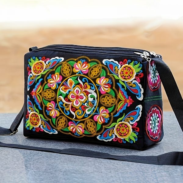[Casual Accessory] Colorful Floral Embroidered Canvas Crossbody Bag for Women - Lightweight, Adjustable Strap, Triple Compartment with Zip Closure, Holds Umbrella & Water Bottle - Vibrant Purple/Red/Green/Blue/Black, Secure Travel Purse|Colorful Handbag|C