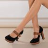 Women's Retro Style Round Toe High Heeled Pumps, Buckle Platform Block Heel Shoes, Women's Footwear