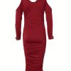 Sparkling Rhinestone Embellished Deep Red Bodycon Dress with Puff Sleeves - Stretchy Ruched Waist & Hip-Hugging Silhouette for Women, Spring/Autumn Party & Evening Wear, Glamorous Event Attire, Offshoulder Neckline, Strappy Detail