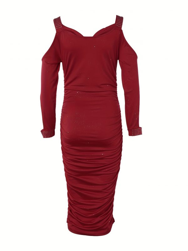 Sparkling Rhinestone Embellished Deep Red Bodycon Dress with Puff Sleeves - Stretchy Ruched Waist & Hip-Hugging Silhouette for Women, Spring/Autumn Party & Evening Wear, Glamorous Event Attire, Offshoulder Neckline, Strappy Detail