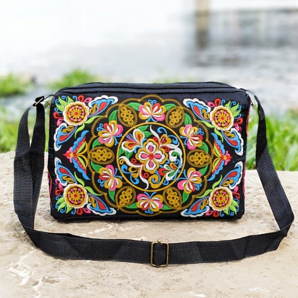 [Casual Accessory] Colorful Floral Embroidered Canvas Crossbody Bag for Women - Lightweight, Adjustable Strap, Triple Compartment with Zip Closure, Holds Umbrella & Water Bottle - Vibrant Purple/Red/Green/Blue/Black, Secure Travel Purse|Colorful Handbag|C