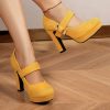 Women's Retro Style Round Toe High Heeled Pumps, Buckle Platform Block Heel Shoes, Women's Footwear