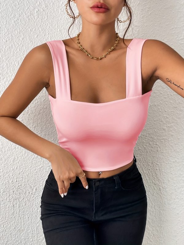 Women's Basic Solid Crop Tank Top, Casual Stretchy Sleeveless Tank Top, Casual Every Day Tops, Women's Clothing