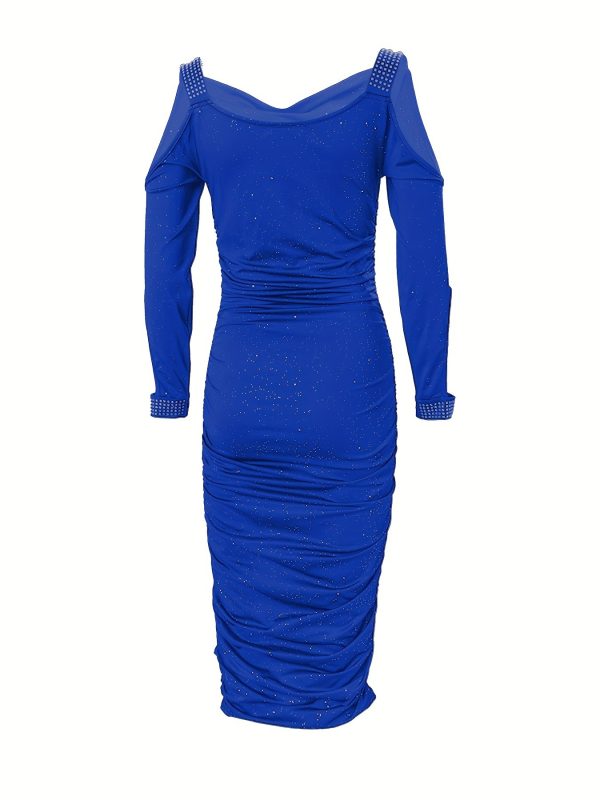 Sparkling Rhinestone Embellished Deep Red Bodycon Dress with Puff Sleeves - Stretchy Ruched Waist & Hip-Hugging Silhouette for Women, Spring/Autumn Party & Evening Wear, Glamorous Event Attire, Offshoulder Neckline, Strappy Detail