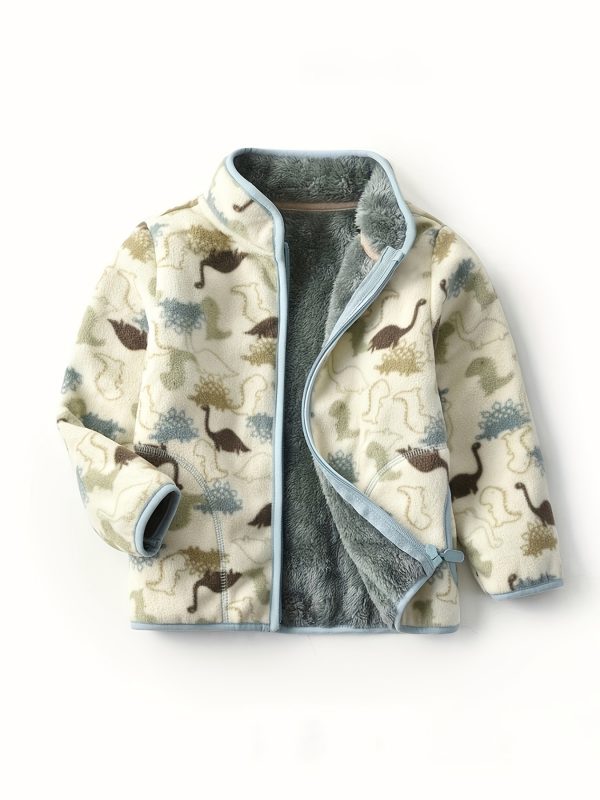 Kids Cartoon Dinosaur Print Polar Fleece Warm Stand Collar Vintage Jacket Autumn Winter