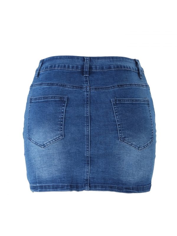 تنورة من الدنيم عالية التمدد بصدر واحد، تنورة ضيقة من الدنيم بجيوب مائلة عالية الخصر مع نمط كلاسيكي مثير، صدرية غنائية