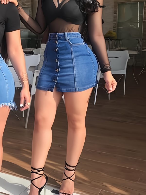 تنورة من الدنيم عالية التمدد بصدر واحد، تنورة ضيقة من الدنيم بجيوب مائلة عالية الخصر مع نمط كلاسيكي مثير، صدرية غنائية