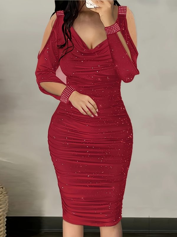 Sparkling Rhinestone Embellished Deep Red Bodycon Dress with Puff Sleeves - Stretchy Ruched Waist & Hip-Hugging Silhouette for Women, Spring/Autumn Party & Evening Wear, Glamorous Event Attire, Offshoulder Neckline, Strappy Detail