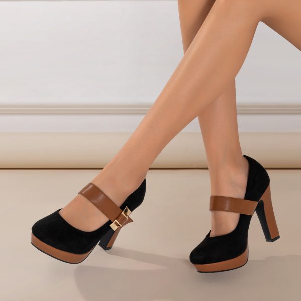 Women's Retro Style Round Toe High Heeled Pumps, Buckle Platform Block Heel Shoes, Women's Footwear