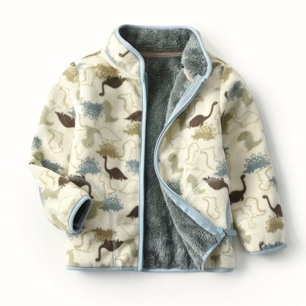 Kids Cartoon Dinosaur Print Polar Fleece Warm Stand Collar Vintage Jacket Autumn Winter