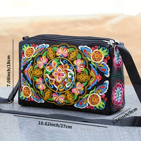 [Casual Accessory] Colorful Floral Embroidered Canvas Crossbody Bag for Women - Lightweight, Adjustable Strap, Triple Compartment with Zip Closure, Holds Umbrella & Water Bottle - Vibrant Purple/Red/Green/Blue/Black, Secure Travel Purse|Colorful Handbag|C
