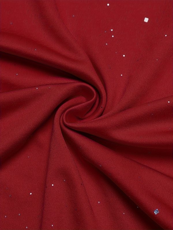 Sparkling Rhinestone Embellished Deep Red Bodycon Dress with Puff Sleeves - Stretchy Ruched Waist & Hip-Hugging Silhouette for Women, Spring/Autumn Party & Evening Wear, Glamorous Event Attire, Offshoulder Neckline, Strappy Detail