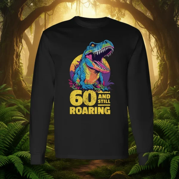 تي شيرت T-Rex Age بعمر 60 عامًا على شكل ديناصور بأكمام طويلة لمنتج ترويجي لعيد الميلاد الستين