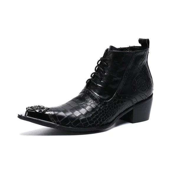 NA258 Black Leather Ankle Metal Head Boots Lace up 2022 New Men Pointed Toe Wedding Shoes Men Booties Shoes Men Big Size