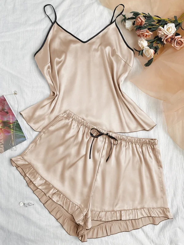 طقم بيجامة حريمي من الساتان ملابس نوم مريحة فضفاضة صلبة مكونة من قطعتين ورقبة على شكل حرف v ملابس قصيرة مكشكشة سترة ملابس منزلية سريعة الجفاف