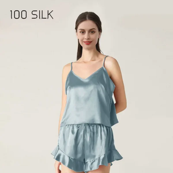 قميص من الساتان الحريري الخالص وسروال قصير مكشكش بطول الركبة، ملابس نوم بخصر مطاطي لفصلي الربيع والصيف