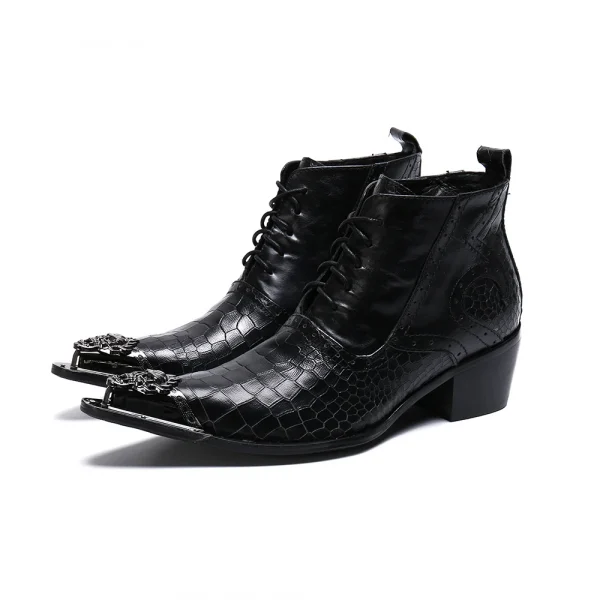 NA258 Black Leather Ankle Metal Head Boots Lace up 2022 New Men Pointed Toe Wedding Shoes Men Booties Shoes Men Big Size