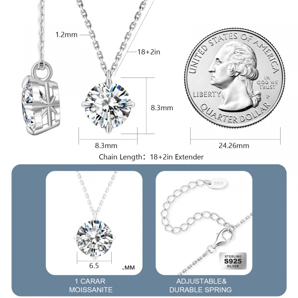 2 Carat 1Ct Real Moissanite Stone 14K White Gold Plated S925 Sterling Silver Chain Moissanite Diamond Pendant Necklace for Women