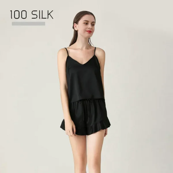 قميص من الساتان الحريري الخالص وسروال قصير مكشكش بطول الركبة، ملابس نوم بخصر مطاطي لفصلي الربيع والصيف