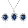 Hot Selling Wholesale Oval Shape Blue Sun Flower Zircon Pendant Necklace and Earring Wedding Bridal Jewelry Set for Women