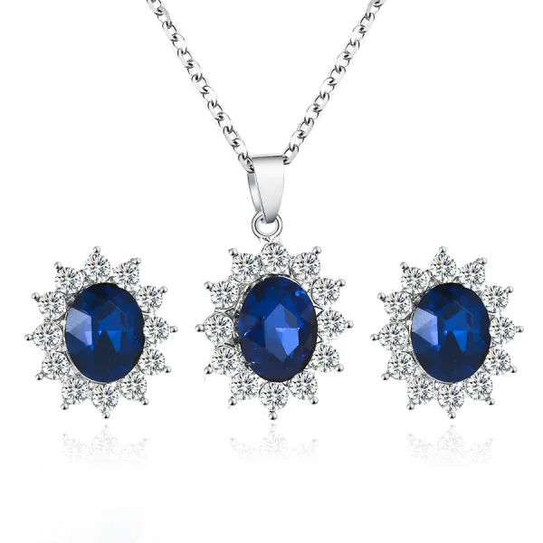 Hot Selling Wholesale Oval Shape Blue Sun Flower Zircon Pendant Necklace and Earring Wedding Bridal Jewelry Set for Women