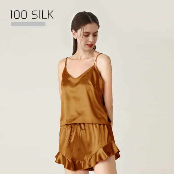 قميص من الساتان الحريري الخالص وسروال قصير مكشكش بطول الركبة، ملابس نوم بخصر مطاطي لفصلي الربيع والصيف