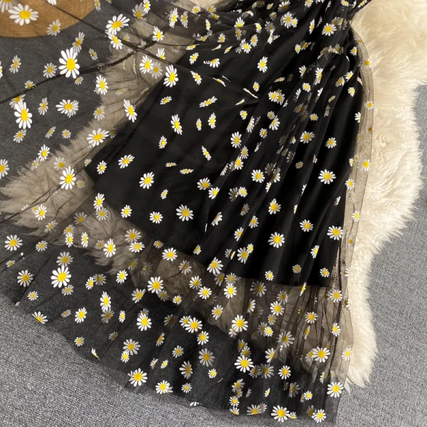 YuooMuoo الكورية موضة ديزي زهرة طباعة شبكة فستان الحفلات الصيف طبقتين السباغيتي حزام عطلة ميدي فستان الشاطئ فيستدوس