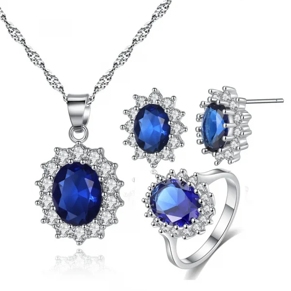 Hot Selling Wholesale Oval Shape Blue Sun Flower Zircon Pendant Necklace and Earring Wedding Bridal Jewelry Set for Women