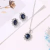 Hot Selling Wholesale Oval Shape Blue Sun Flower Zircon Pendant Necklace and Earring Wedding Bridal Jewelry Set for Women