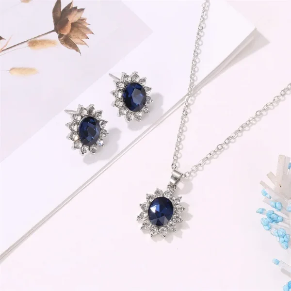 Hot Selling Wholesale Oval Shape Blue Sun Flower Zircon Pendant Necklace and Earring Wedding Bridal Jewelry Set for Women