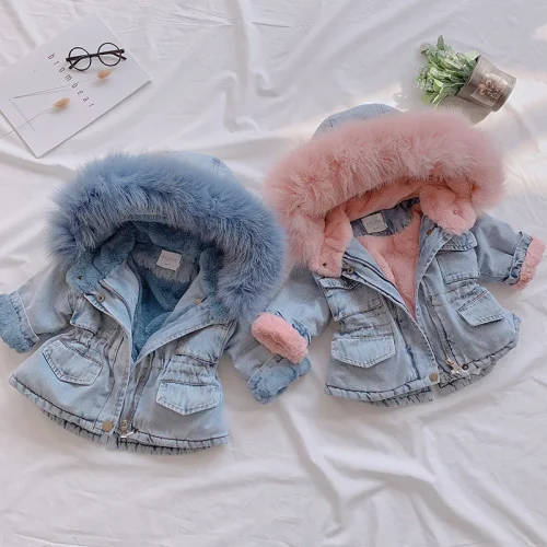 Baby Girls Clothes Winter Jackets Plus Velvet Thicken Warm Toddler Cowboy Outerwear Infant Girls Clothing 2-6 Y Denim Coat