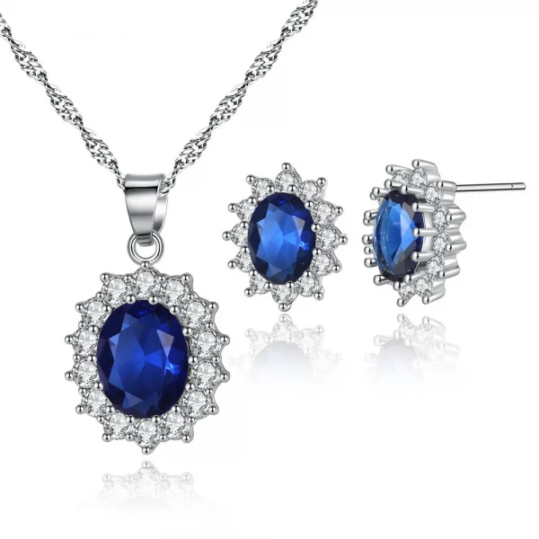 Hot Selling Wholesale Oval Shape Blue Sun Flower Zircon Pendant Necklace and Earring Wedding Bridal Jewelry Set for Women