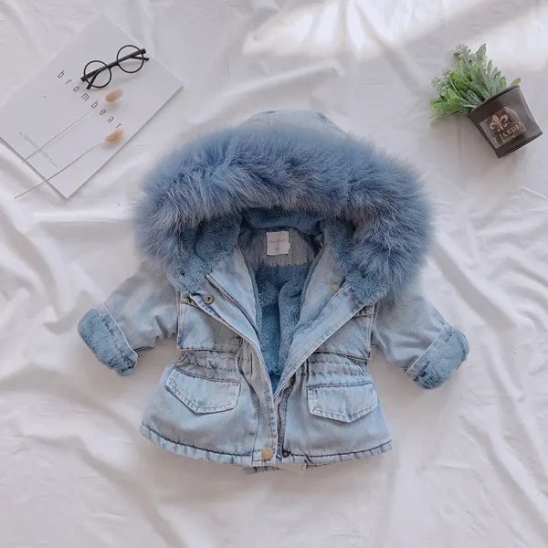 Baby Girls Clothes Winter Jackets Plus Velvet Thicken Warm Toddler Cowboy Outerwear Infant Girls Clothing 2-6 Y Denim Coat