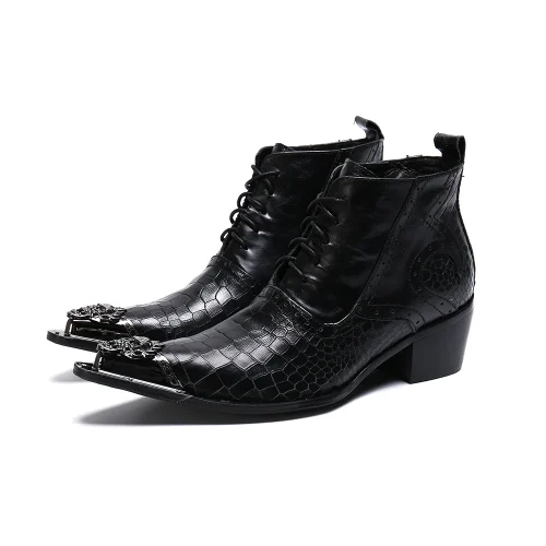NA258 Black Leather Ankle Metal Head Boots Lace up 2022 New Men Pointed Toe Wedding Shoes Men Booties Shoes Men Big Size