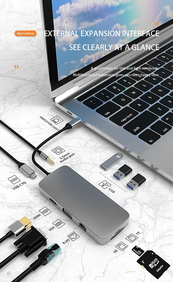 USB C HUB نوع C الفاصل إلى HDMI-4K محطة إرساء محول الكمبيوتر المحمول مع PD SD TF RJ45 Thunderbolt 3 لماك بوك اير M1 باد برو