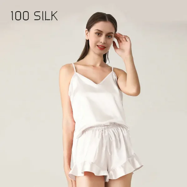 قميص من الساتان الحريري الخالص وسروال قصير مكشكش بطول الركبة، ملابس نوم بخصر مطاطي لفصلي الربيع والصيف