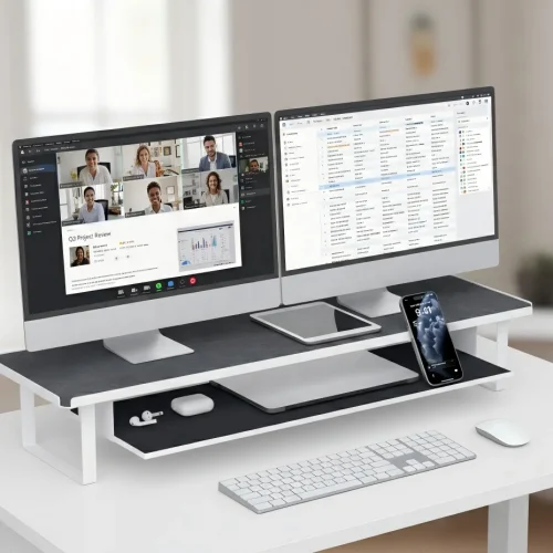 Carbon Steel Dual Monitor Stand,Monitor Stand Riser 31.5" 2-Tier Riser with Pull-out Tray & Phone Holder for Office Desk