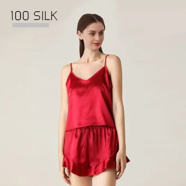 قميص من الساتان الحريري الخالص وسروال قصير مكشكش بطول الركبة، ملابس نوم بخصر مطاطي لفصلي الربيع والصيف