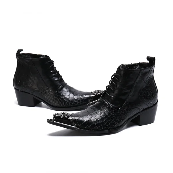 NA258 Black Leather Ankle Metal Head Boots Lace up 2022 New Men Pointed Toe Wedding Shoes Men Booties Shoes Men Big Size