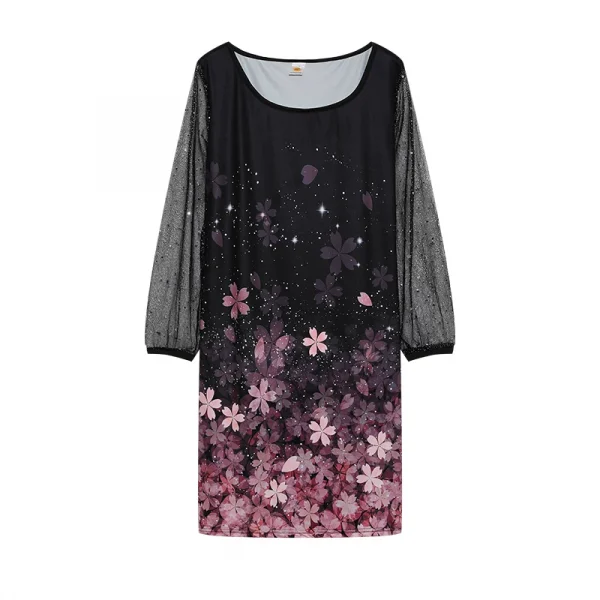 فستان نسائي من الشاش بتصميم ربيعي جديد موديل 2024 برقبة دائرية مزين بالترتر ومنظور