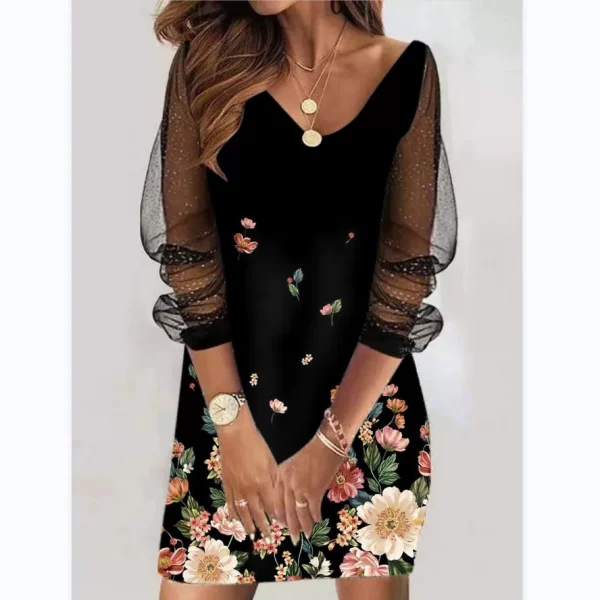 فستان نسائي من الشاش بتصميم ربيعي جديد موديل 2024 برقبة دائرية مزين بالترتر ومنظور